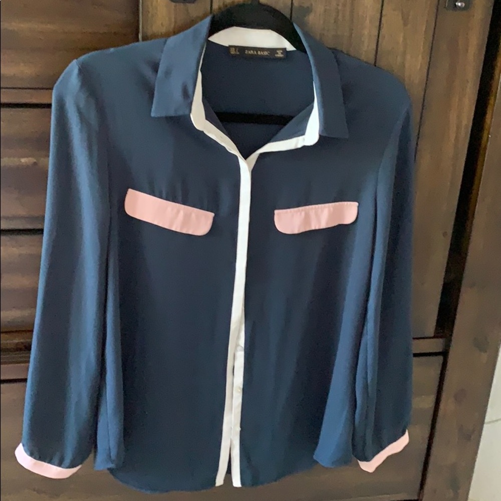 Zara button down Navy blouse S